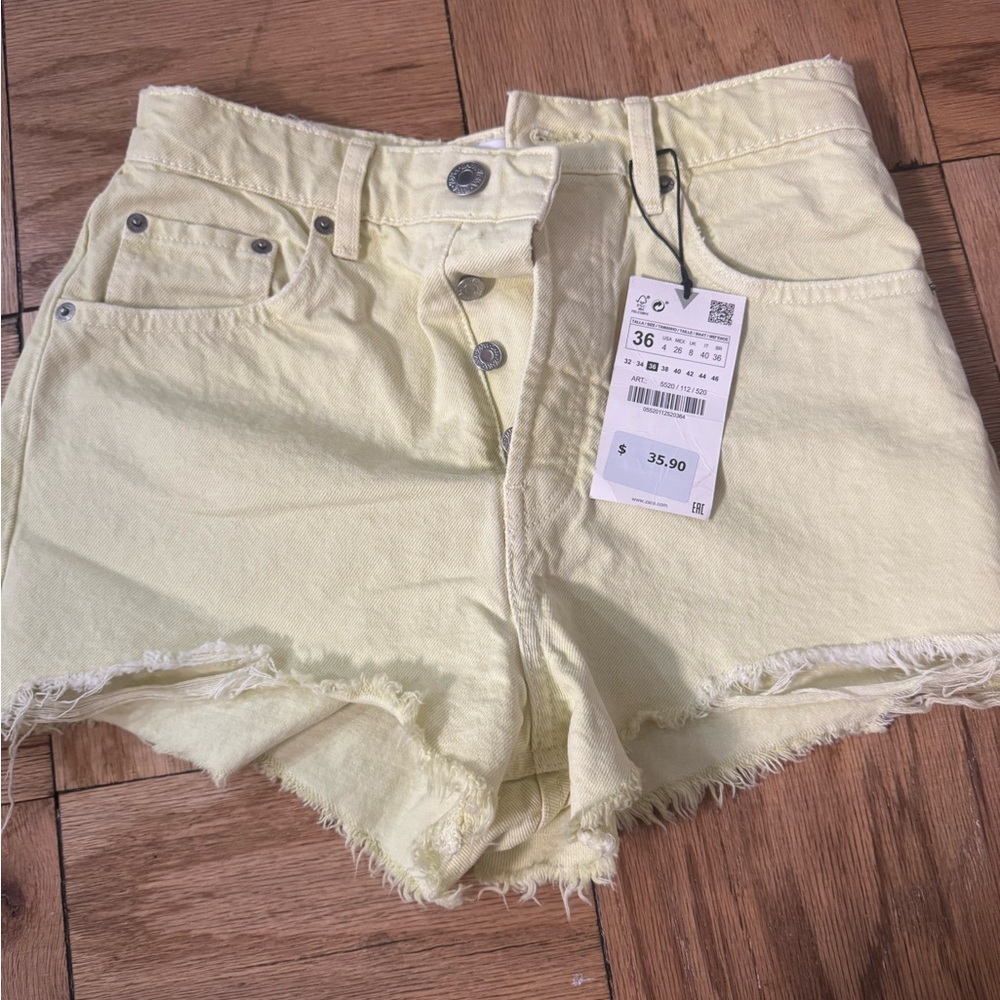 Zara Light Yellow High-Waisted Denim Shorts
